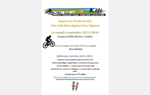 Reprise Ecole de vélo le Samedi 4 Septembre 2021